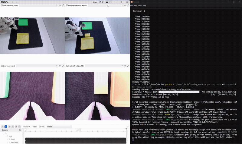 Replaying a recorded episode: resetting the workspace, pressing ENTER, and the arm reproducing the same miss as the live policy